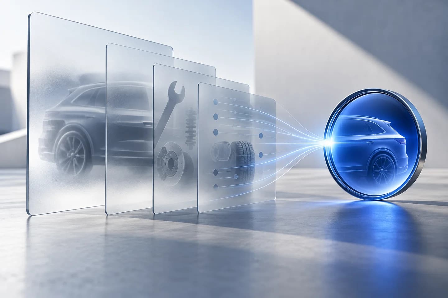Layers of vehicle and service information converge through a blue lens.
