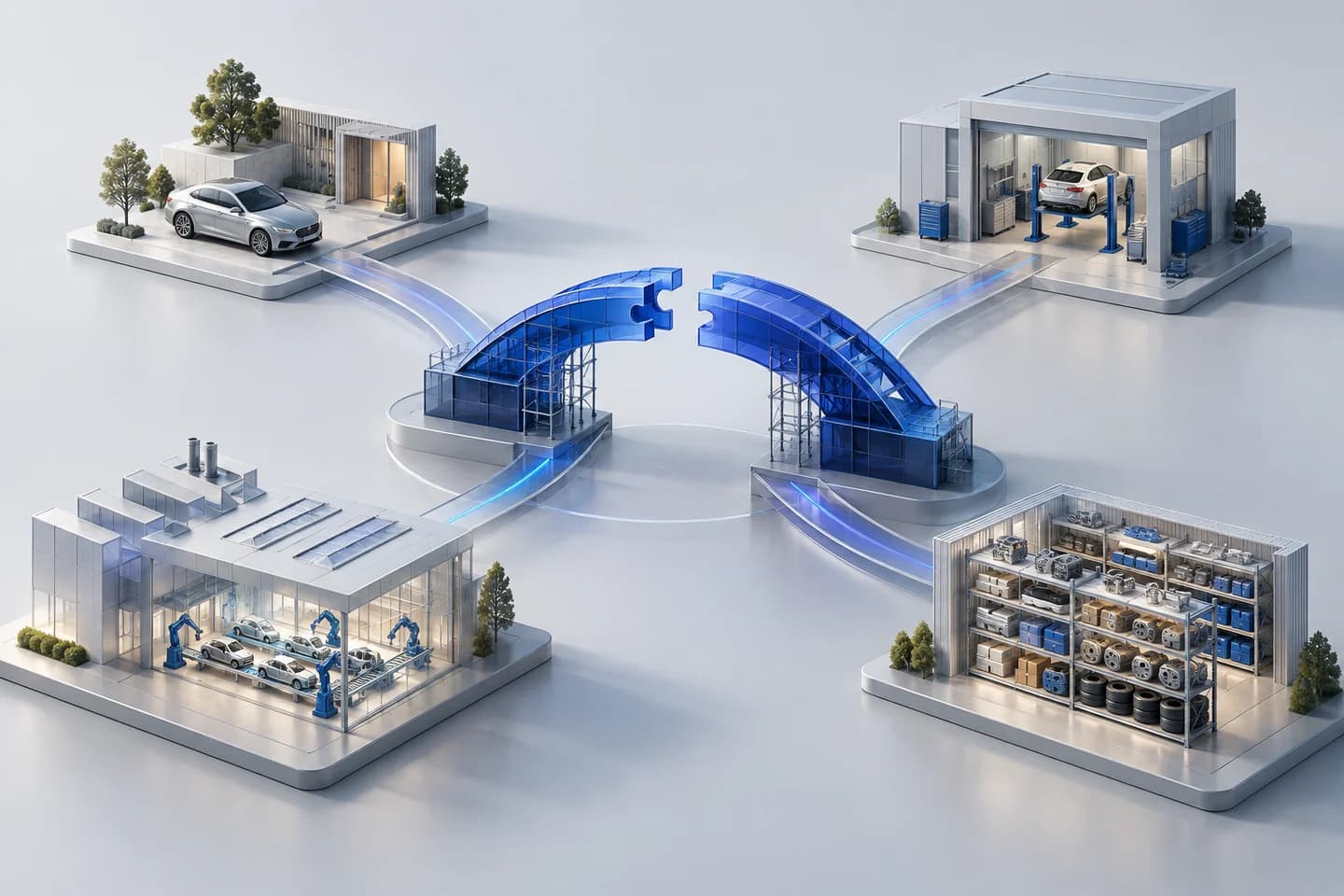 An unfinished blue bridge connects miniature vehicle-owner, workshop, manufacturing and parts environments.